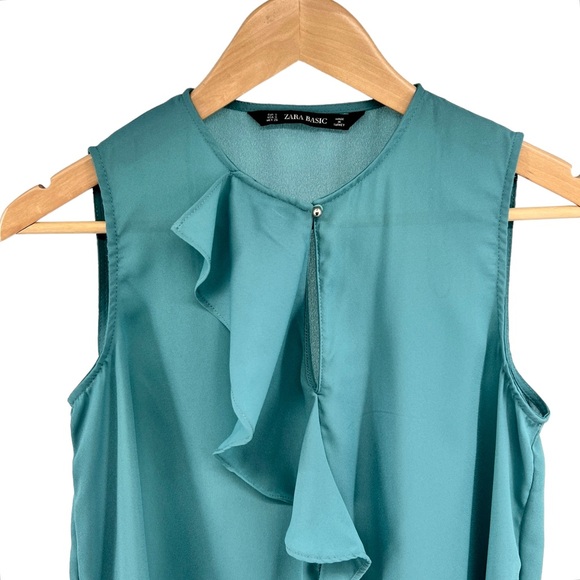Zara Basic Women Sleeveless Blouse Small Teal Keyhole Silky Ruffle Accent Career - Picture 3 of 12
